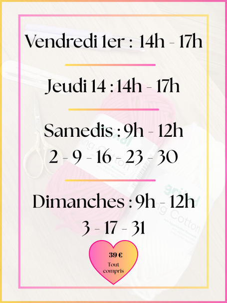 Planning des ateliers du mois de mai cours de crochet Toulon